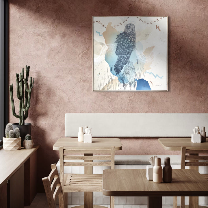 The artwork, Northern Harrier, Low Gliding Guide, by Alicia Hauff, displayed in a room.