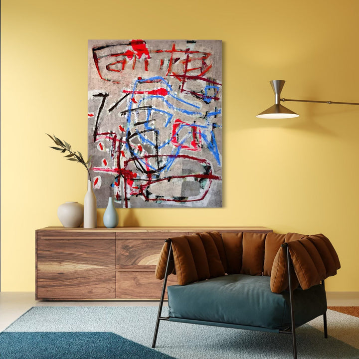 The artwork, Now or Never Big Blue Fish, by John Goetz, displayed in a room.