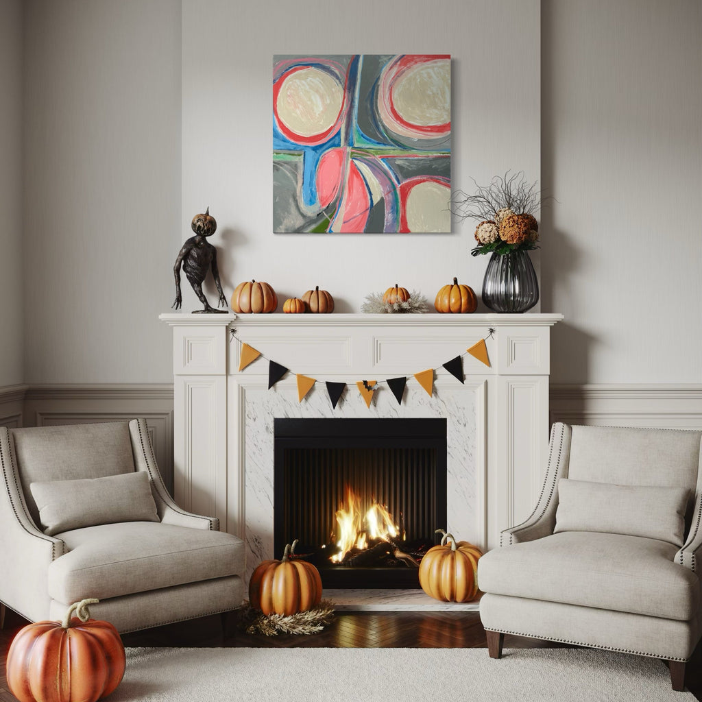 The artwork 'Off Center' by Beth Barry features abstract circular forms in coral pink, turquoise blue, and cream colors swirling against a gray background. The 36x36 inch acrylic painting creates a dynamic composition with overlapping curved shapes, featuring soft edges and gentle color transitions, displaying a modern, contemporary artistic style that balances organic movement with geometric precision.