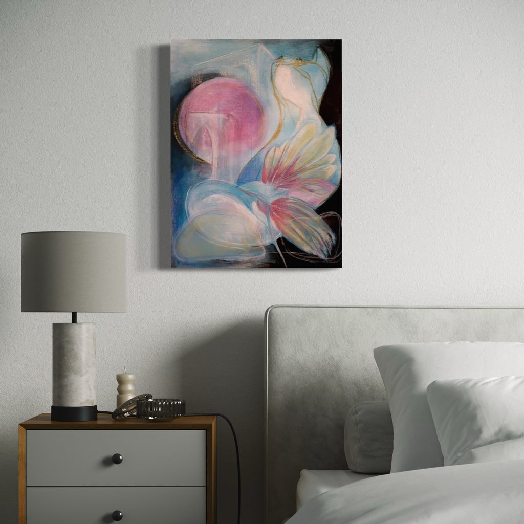 The artwork 'Oh So Quiet' features a dreamy abstract composition with a large pink sphere floating amid ethereal flower-like forms in white and cream. Delicate golden lines accent the flowing shapes against a deep blue-black background, creating a sense of ethereal movement in oil on paper by Jane Lawrence.