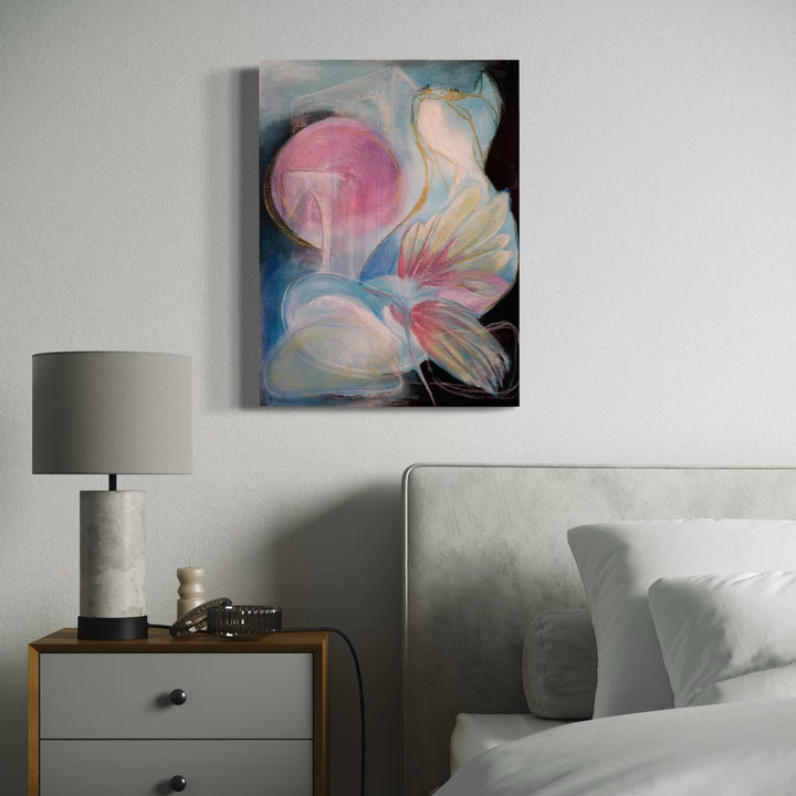 The artwork 'Oh So Quiet' features delicate pastel floral forms with a large pink orb floating against a swirling blue-black background. Abstract petals in soft whites and peach tones create an ethereal, dreamlike composition in oil on paper, measuring 24x18 inches. Original artwork by Jane Lawrence.