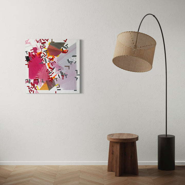 The artwork 'Ojy Nepponn' by Philippe Halaburda features abstract geometric shapes in vibrant pink, orange, and lavender against a white background. Angular fragments and bold tape elements create a dynamic composition, with sharp black accents scattered throughout the 30x30 inch acrylic canvas, displaying a contemporary deconstructed style.
