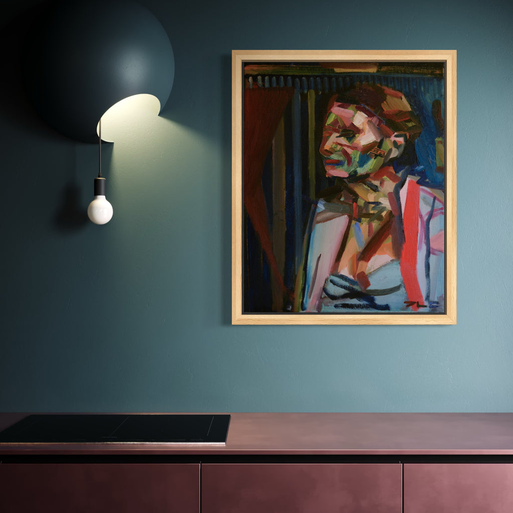 The artwork, Old Lady Seated IV, by Chunbum Park, displayed in a room.