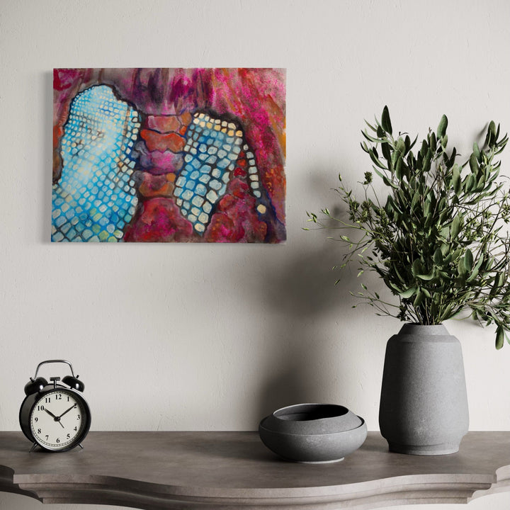 The artwork, Old vs New, by Laurie Shapiro, displayed in a room.