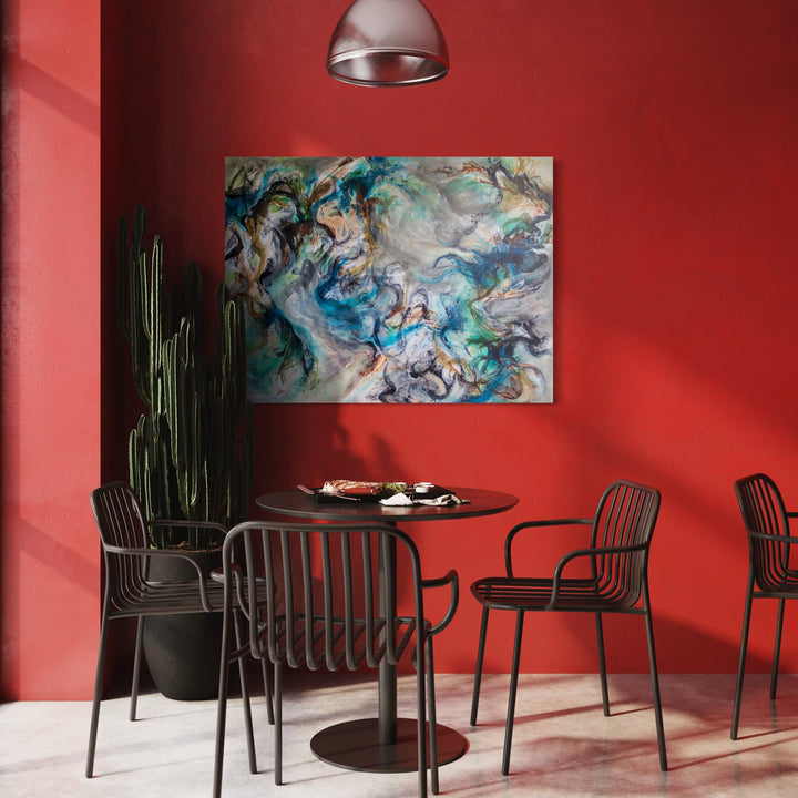 The artwork, Olive & Bark, by Betsy Becher, displayed in a room.