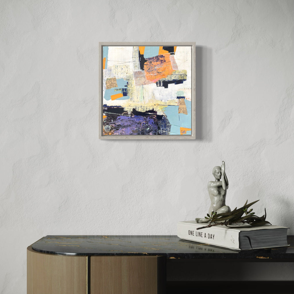 The artwork 'On The Outer Edge' by Giliane Bader features an abstract composition with geometric shapes in contrasting colors - vibrant orange, soft blue, and deep purple against a textured white background. Expressive brushstrokes and layered mixed media elements create depth and movement on the 12x12 inch birch panel, enhanced with a cold wax finish.