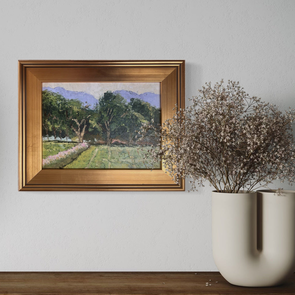 The artwork, Open Space Fields, by Connie Falk, displayed in a room.