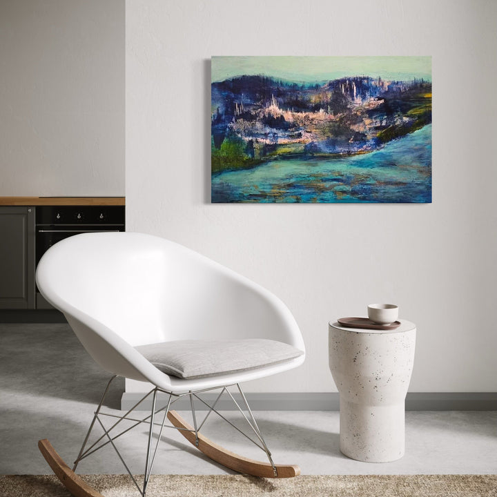 The artwork, Opposite Shore, by Janyce Erlich-Moss, displayed in a room.