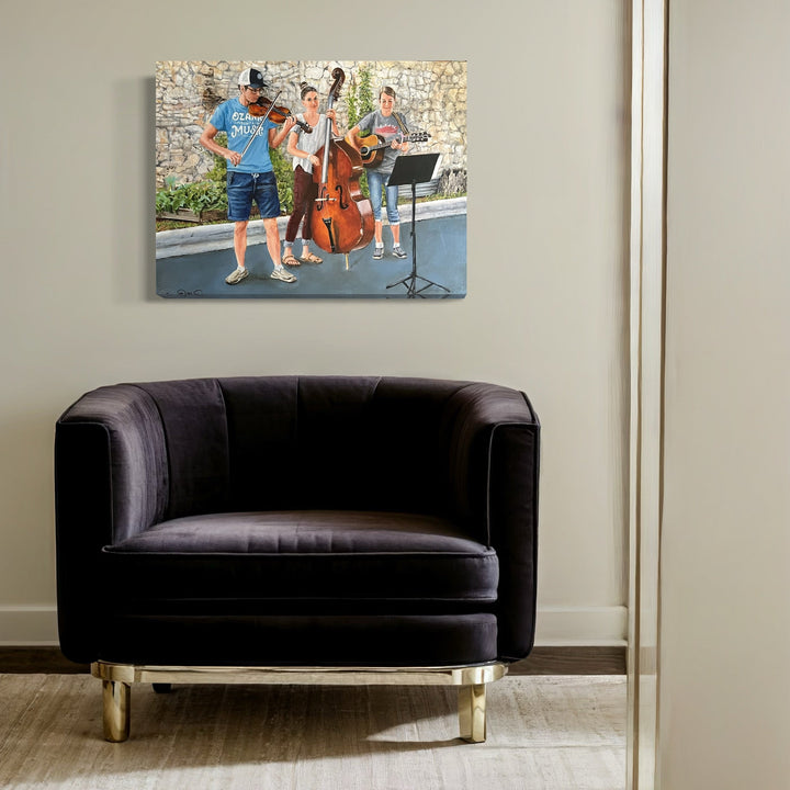 The artwork, Ozark Mountain Musicians, by Lynnette Horn, displayed in a room.