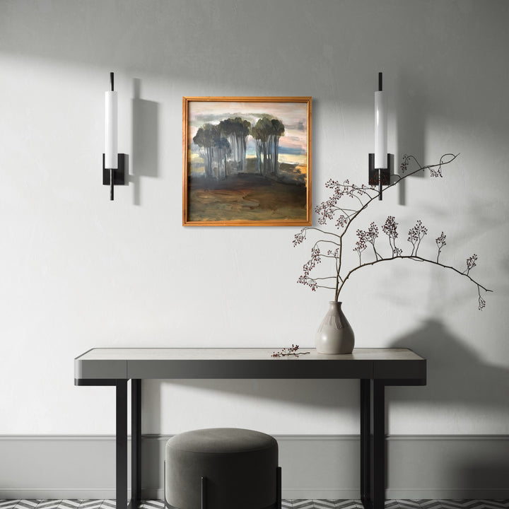 The artwork, PULVER'S STAND , by Diane Love, displayed in a room.