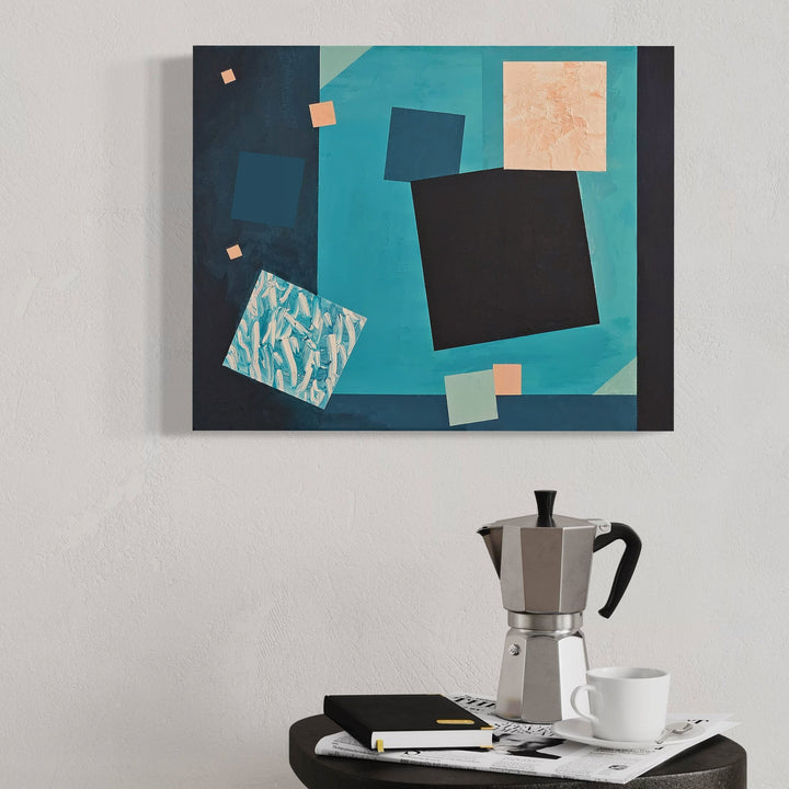 The artwork 'Peach-Filled Days and Turquoise Nights' by Vanessa Ryan features abstract geometric composition with floating black and peach squares against a vibrant turquoise background. One textured square displays a unique pattern in turquoise and white. The 16x20 inch acrylic painting creates a dynamic spatial arrangement on canvas.