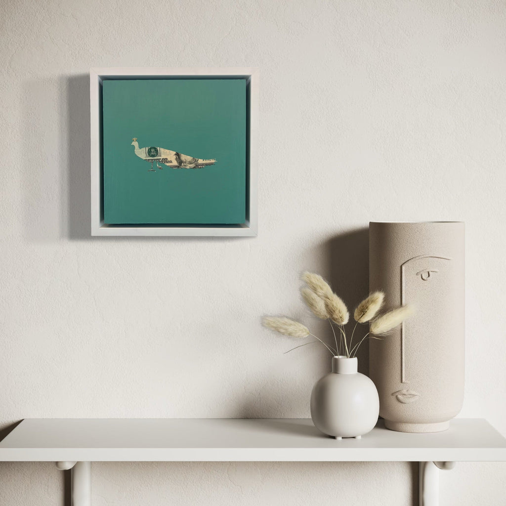 The artwork, Peacock, by Jacki Davis, displayed in a room.