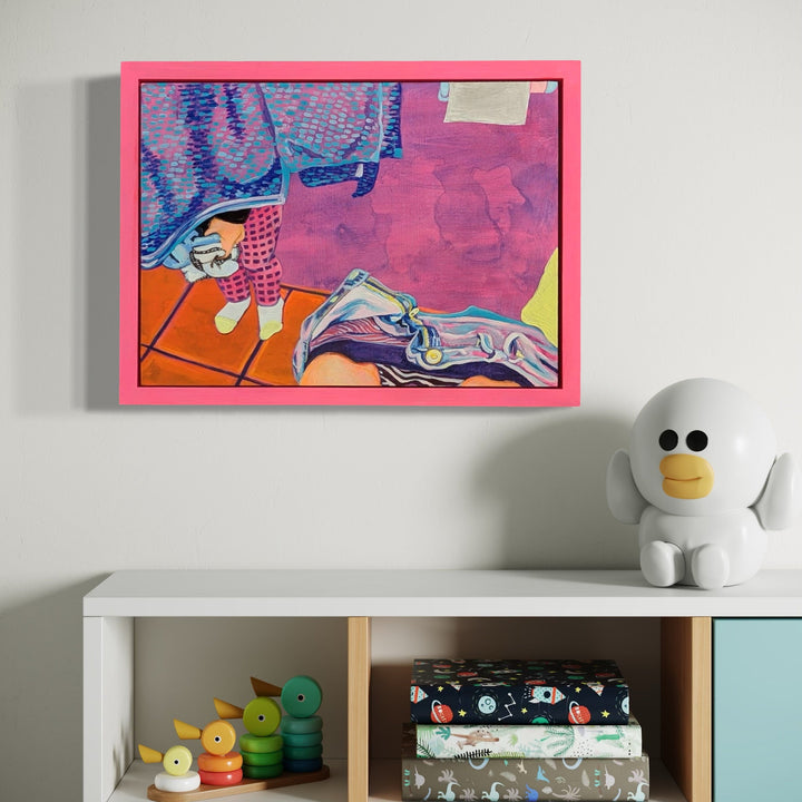 The artwork, Peekaboo, by Mary Younkin, displayed in a room.