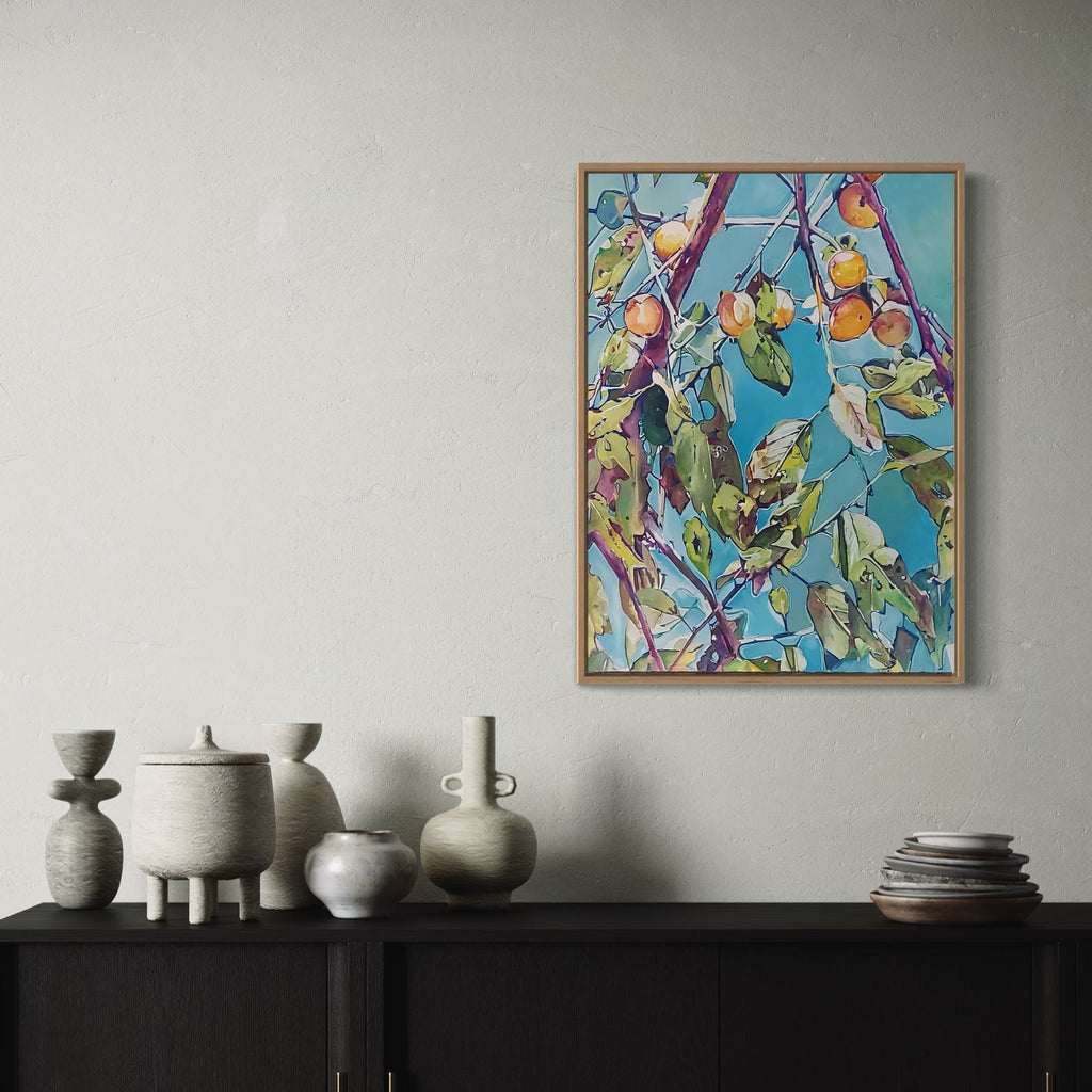 The artwork, Persimmon Tree, by Jane E. Skafte, displayed in a room.