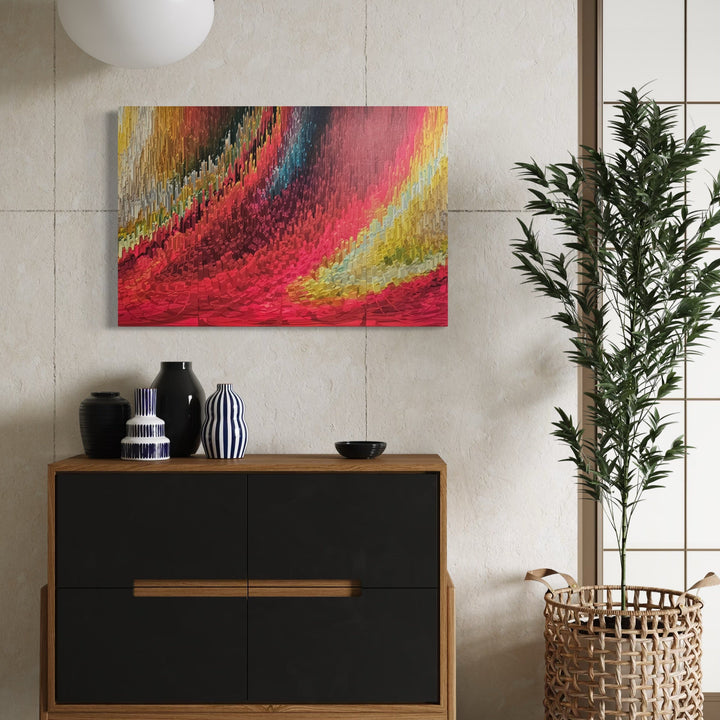 The artwork, Petals - Little Cities Rising, by Anne Cherubim, displayed in a room.