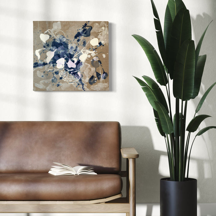 The artwork 'Philomela's Crown' by Molly Herman features dynamic abstract expressionism with swirling navy blue and white brushstrokes against a neutral taupe background. The 22x24 inch painting combines acrylic and oil on linen, creating ethereal movement with organic shapes and fluid textures that dance across the canvas by Molly Herman.