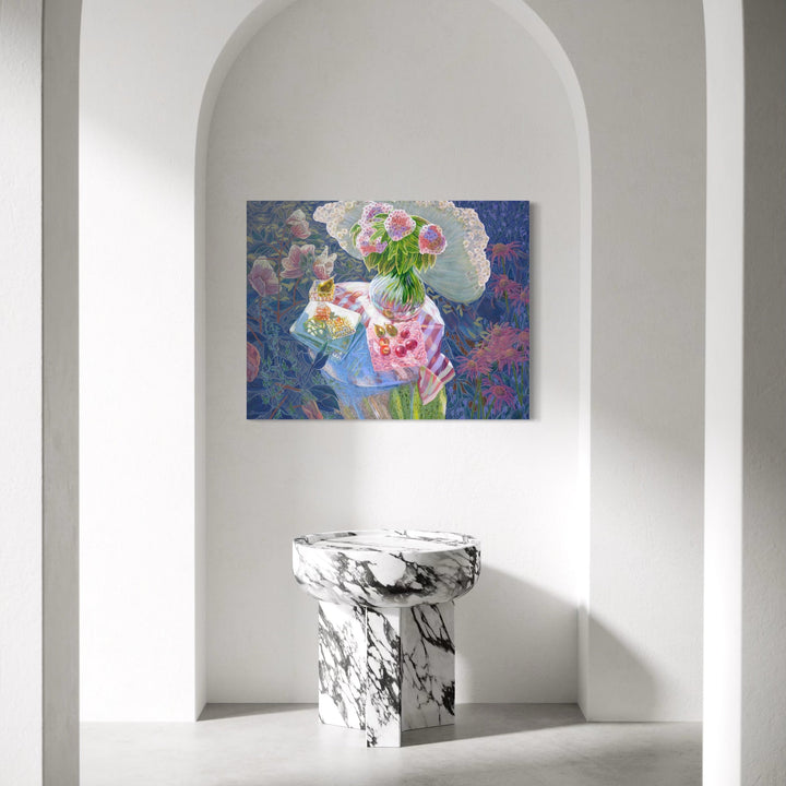 The artwork, Phlox and Daisies, by Gina Blickenstaff, displayed in a room.
