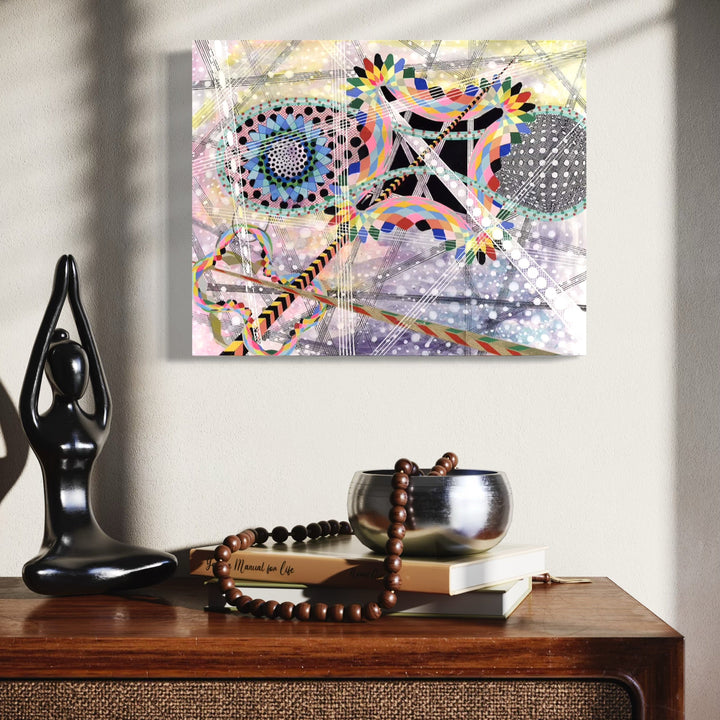The artwork, Pictures at a Cosmic Exhibition, by Amy Cheng, displayed in a room.