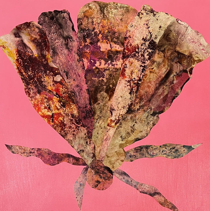 Pink Sea Fan 1 by Sunny Chapman features a striking coral-inspired collage on a vibrant pink background. The fan-shaped artwork showcases textural elements in earthy browns, deep purples, and mottled pinks, created through acrylic and alchemic print techniques on wood panel. The organic form evokes marine life with its delicate branching patterns and weathered appearance.