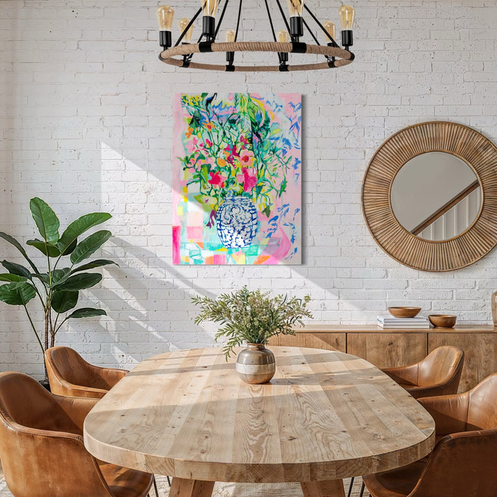 The artwork, Pink Still Life, by Lisa Warren, displayed in a room.