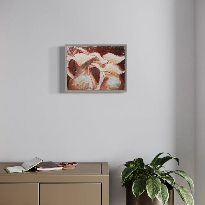 The artwork 'Pitchers' by Todd Gilens features abstract organic forms in warm terracotta and cream tones, rendered in dry pigment on paper. The flowing shapes suggest natural movements and vessel-like forms against a light background, framed in a simple gray frame, creating a harmonious composition measuring 11.25 x 15 inches.