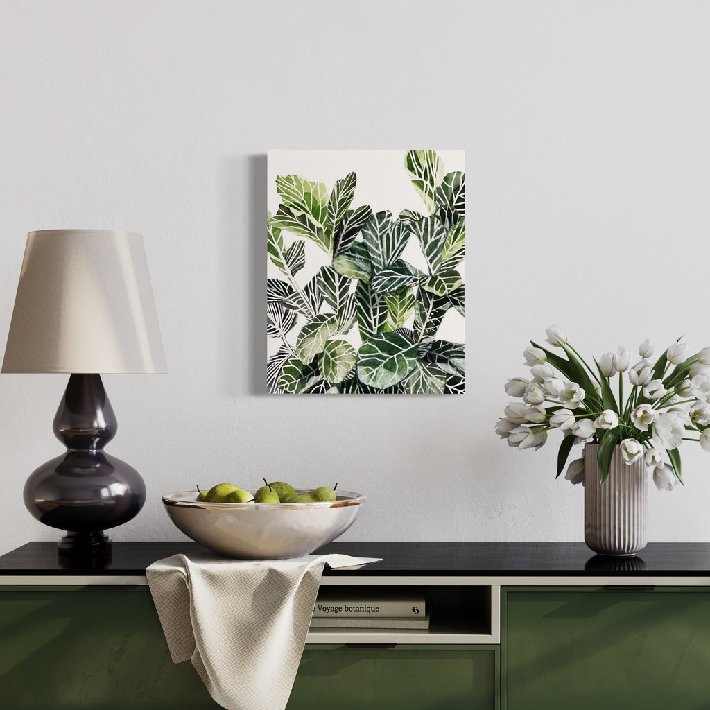 The artwork 'Plant Life' by Rachel Kohn features lush watercolor and ink botanical illustrations depicting vibrant tropical leaves in various shades of green. The composition showcases detailed monstera-like foliage with intricate leaf patterns and natural overlapping arrangements against a crisp white background, creating a modern botanical study measuring 21x17 inches.