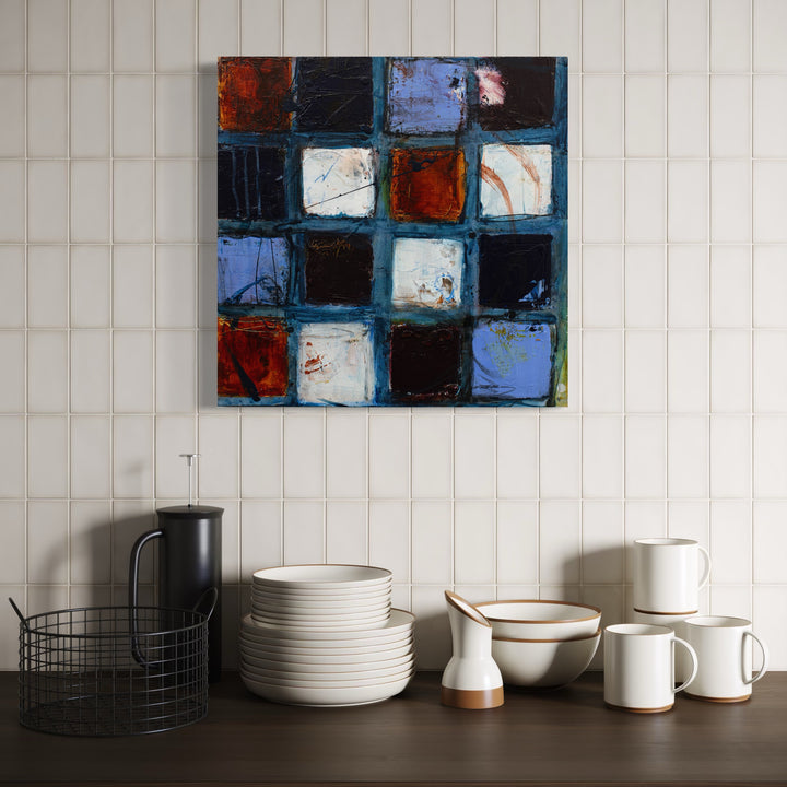 The artwork, Playdate in the City III, by Deborah Chaney, displayed in a room.