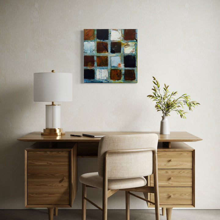 The artwork, Playdate in the City I, by Deborah Chaney, displayed in a room.
