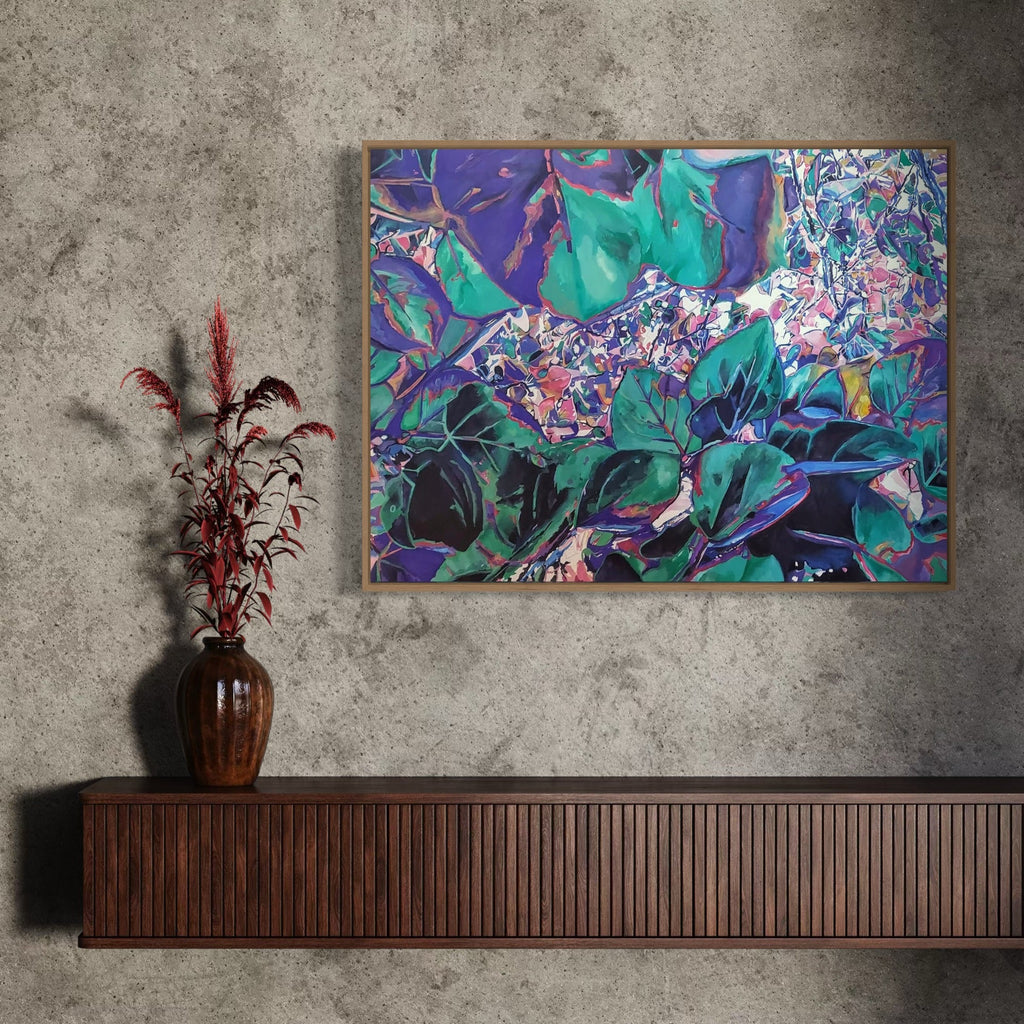 The artwork, Poplar in Shadow, by Jane E. Skafte, displayed in a room.