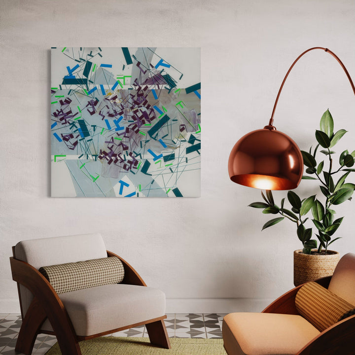 The artwork 'Ppharfeetchd self released' by Philippe Halaburda features an explosive abstract composition of scattered geometric shapes in turquoise, green, and purple against a light gray background. The dynamic mixed media piece showcases fragmented forms creating a sense of movement and chaos, with angular elements dispersing outward in a balanced 48x48 inch canvas. By Philippe Halaburda.