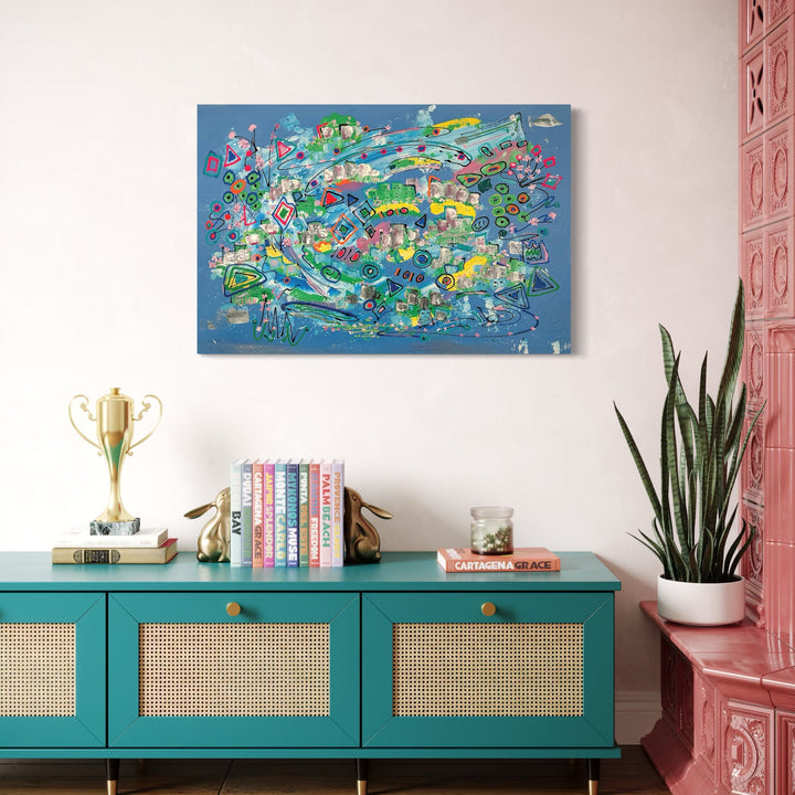The artwork, Pretty City Art, by Dorothea Sandra, displayed in a room.