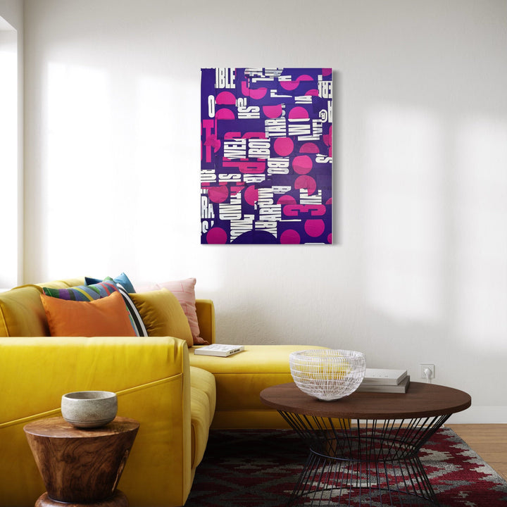 The artwork, Purple & Pink, by Amy Turner, displayed in a room.