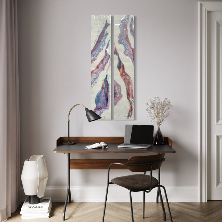 The artwork, Purple Rain 1 & 2, by Swann Freslon, displayed in a room.