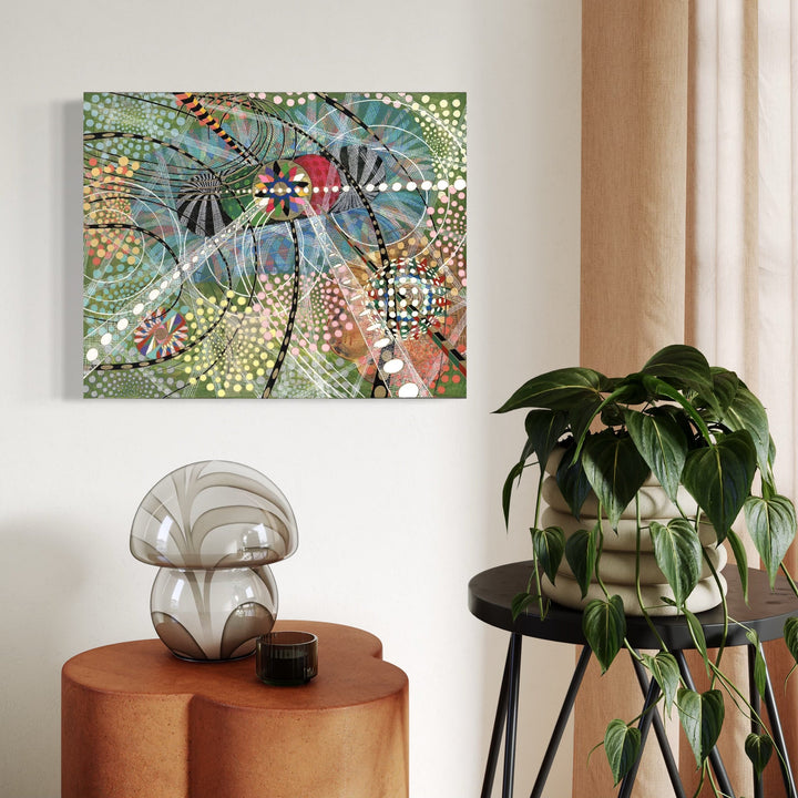 The artwork, Quantum Waves, by Amy Cheng, displayed in a room.