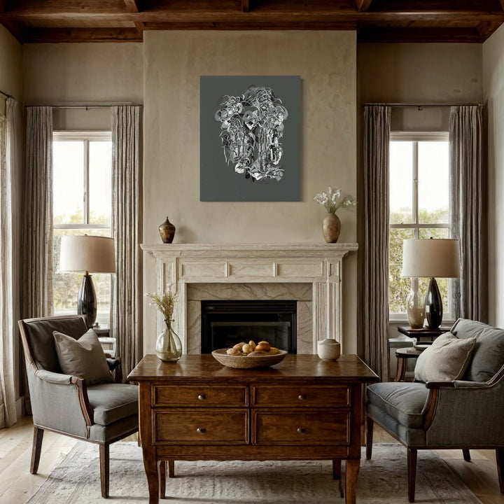 The artwork, Radiations Painting 11, by Carol Salmanson, displayed in a room.
