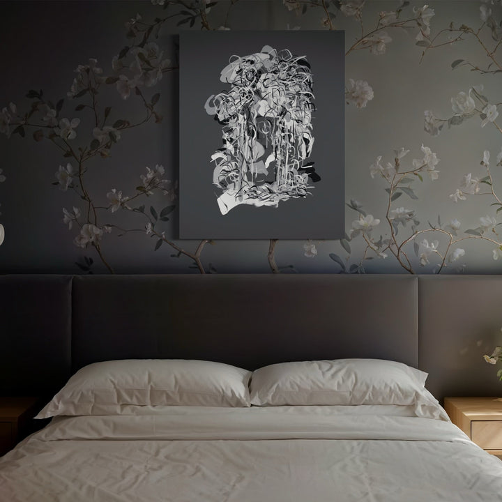 The artwork, Radiations Painting 13, by Carol Salmanson, displayed in a room.