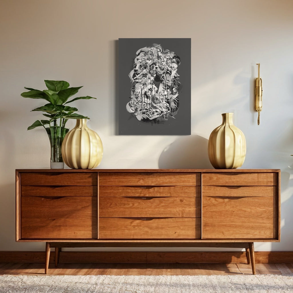 The artwork, Radiations Painting 6, by Carol Salmanson, displayed in a room.