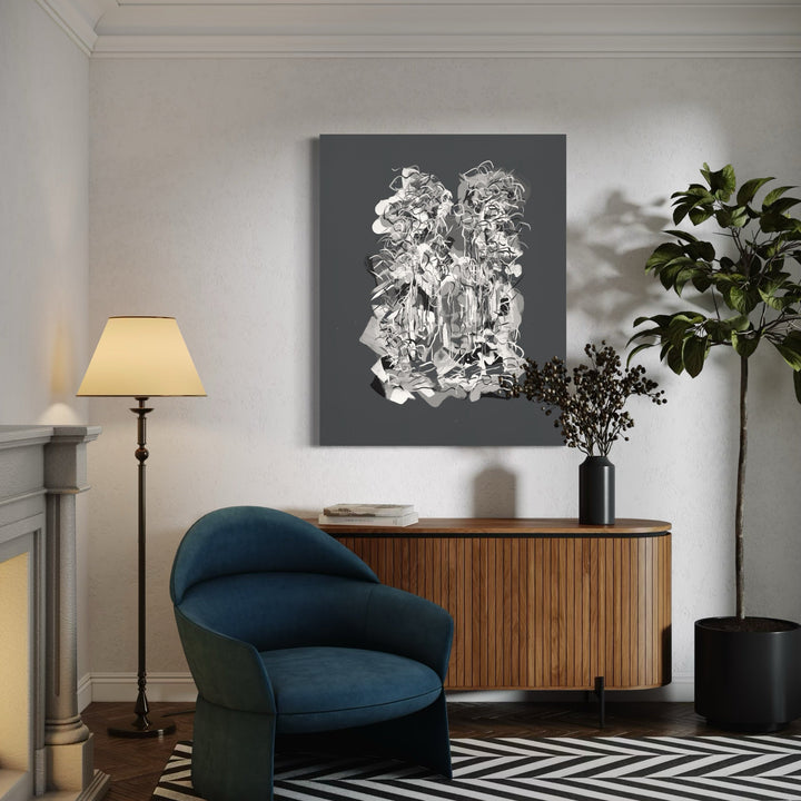 The artwork, Radiations Painting 9, by Carol Salmanson, displayed in a room.