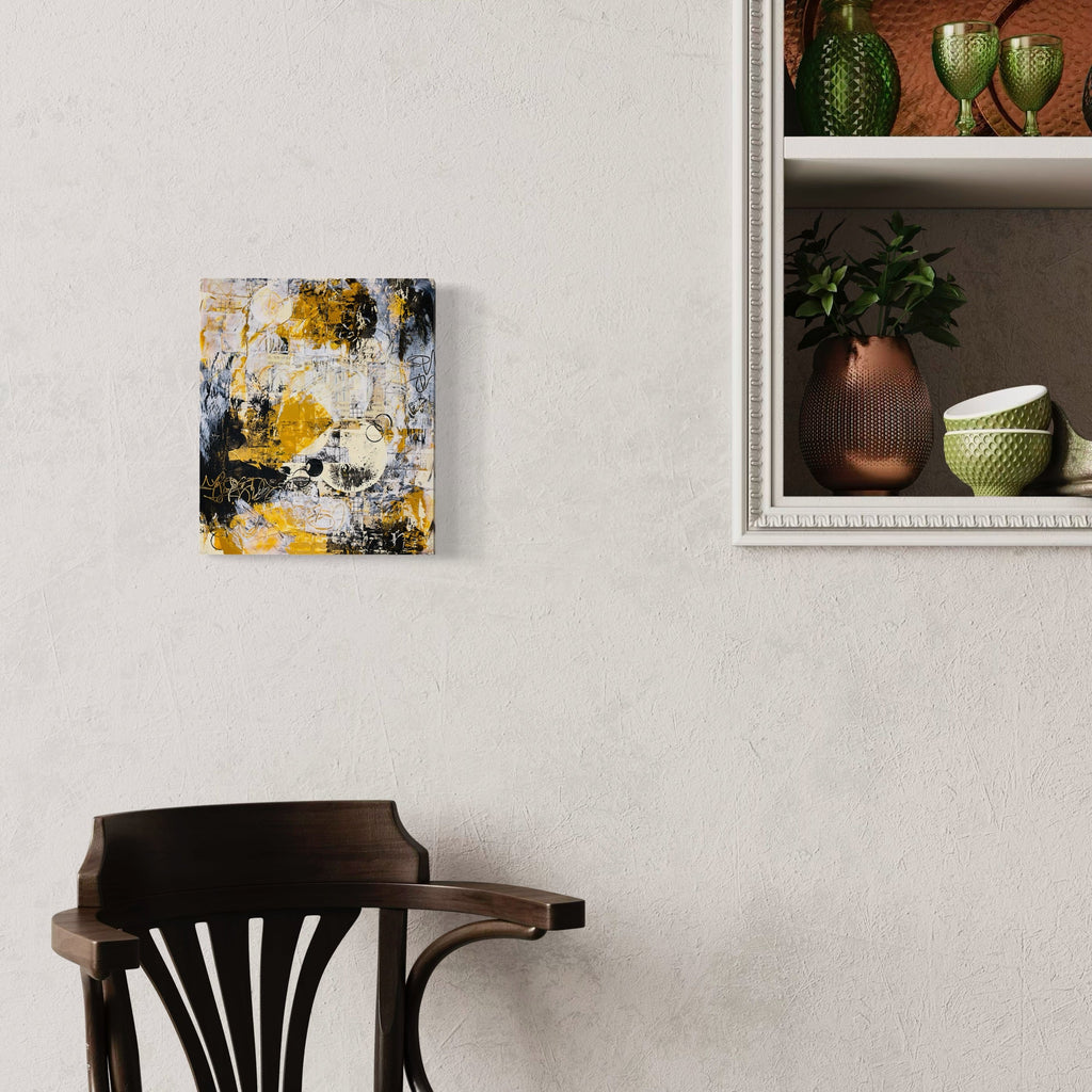 The artwork 'Raw Umber Palimpsest' by Alexandra Jamieson features abstract layers of textured collage with vibrant yellow ochre and deep navy contrasting against weathered white surfaces. Gestural brushstrokes and torn paper elements create a dynamic composition, while gesso adds dimensional depth. Measuring 13x11 inches, the mixed media piece exhibits a sophisticated interplay of colors and materials by Alexandra Jamieson.