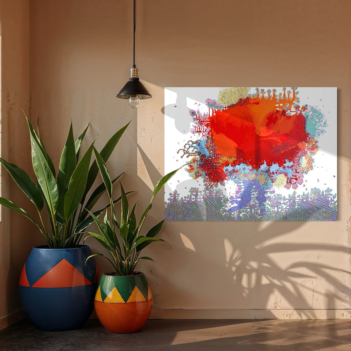 The artwork, Red Explosion In Nature, by Avani Patel, displayed in a room.
