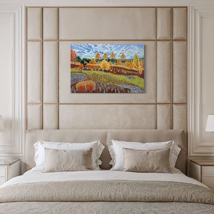 The artwork, Red Fox Meadow, by Gina Blickenstaff, displayed in a room.