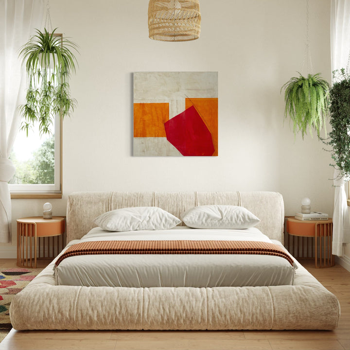 The artwork, Red, Orange and Buff VI, by Diane Englander, displayed in a room.