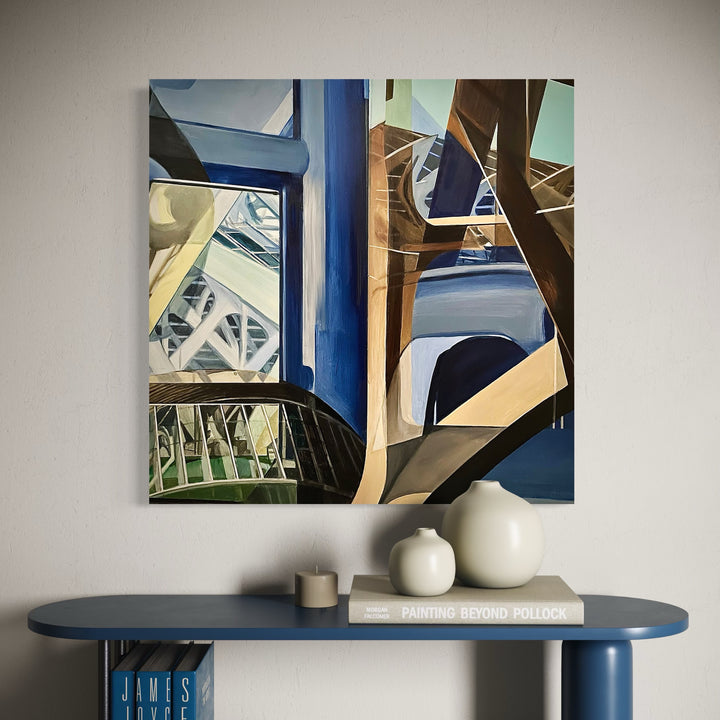 The artwork, Reflections of Santiago Calatrava as Seen Through a Tour Bus Windscreen, by Allan Gorman, displayed in a room.