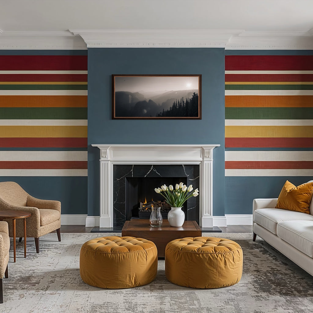 Remanoir by Kyle Murphy showcases a peaceful black and white mountain scene with soft sunlight filtering through mist, highlighting the silhouettes of tall trees. The artwork provides a quiet focus above a white fireplace in a warm, modern living room accented by mustard yellow and deep blue tones.