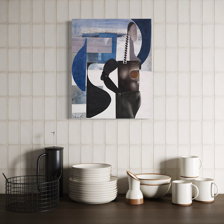The artwork, Rhapsody in Bleu, by Mona Dworkin, displayed in a room.