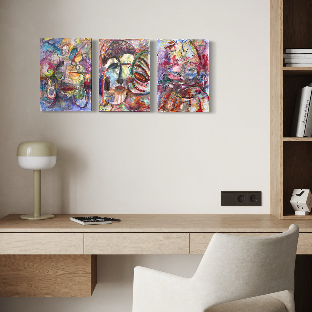 The artwork, Rites of Passage (Triptych), by Dionysia Adamopoulou, displayed in a room.