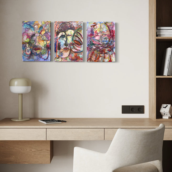 The artwork, Rites of Passage (Triptych), by Dionysia Adamopoulou, displayed in a room.