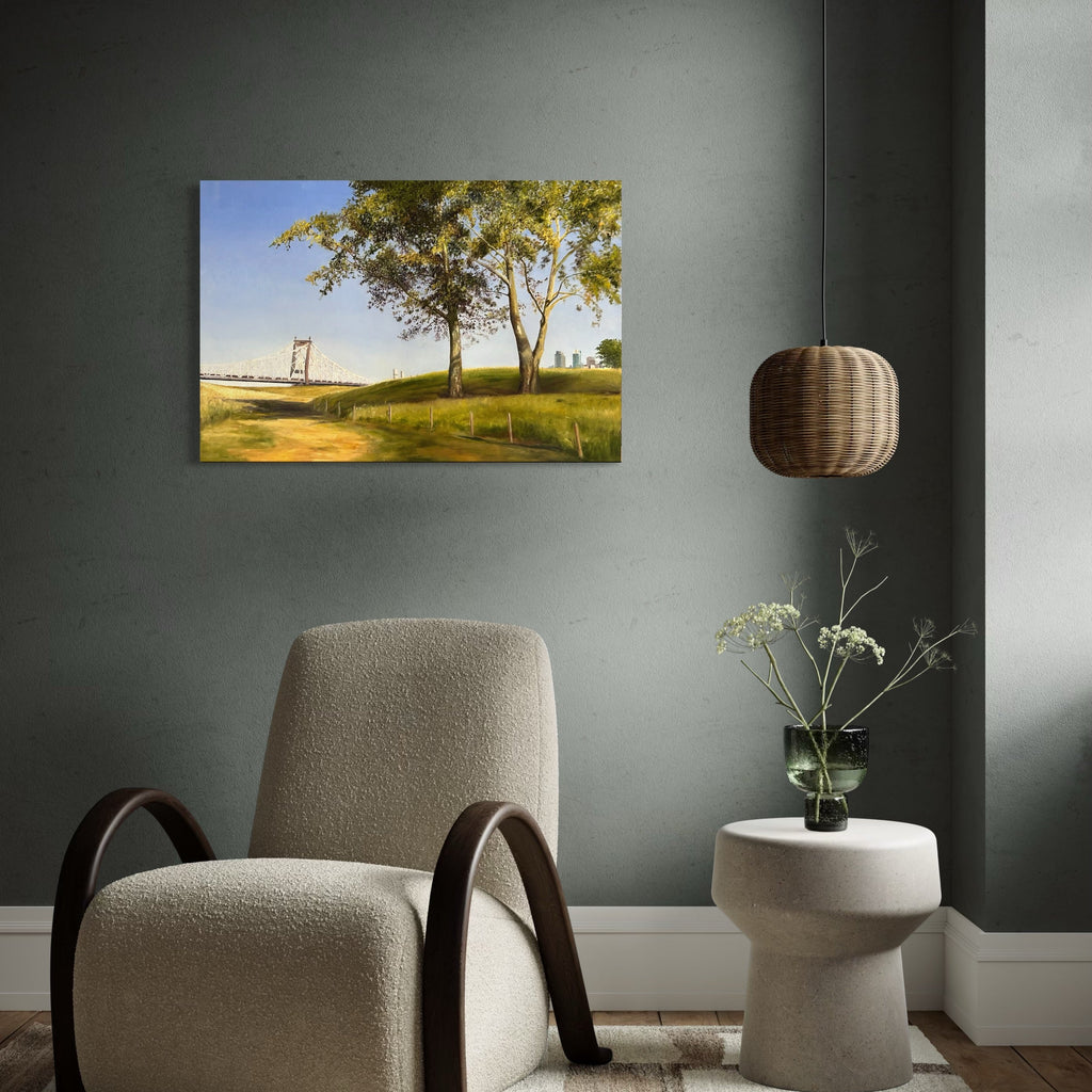 The artwork, Roosevelt Island Oasis, by Jessica Ziegler, displayed in a room.