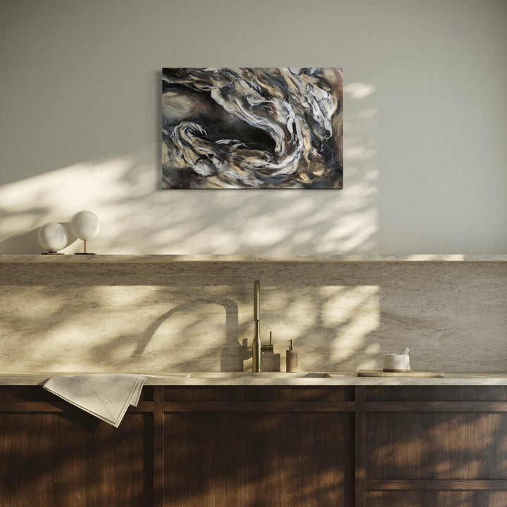 The artwork, Rooted, by Betsy Becher, displayed in a room.