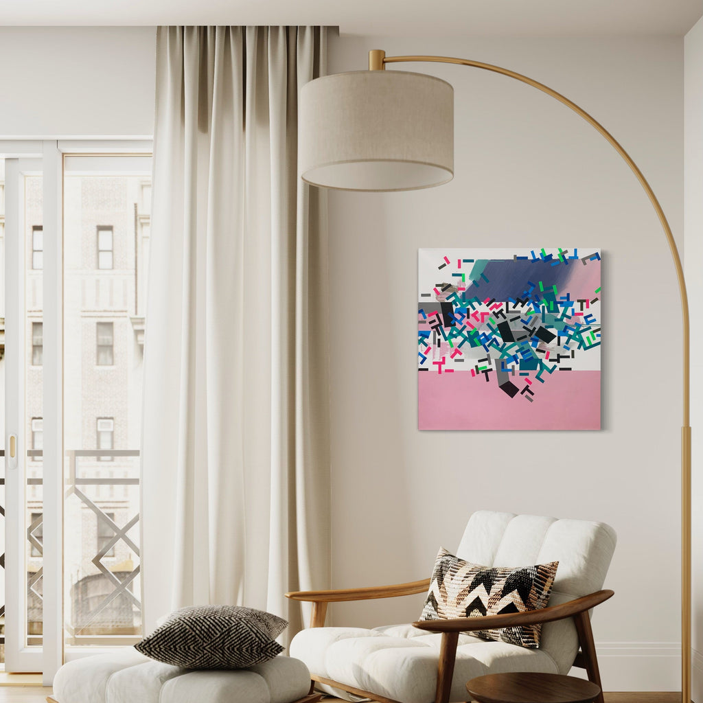 The artwork 'Rose Choiisnne' by Philippe Halaburda features dynamic abstract composition with scattered geometric shapes in turquoise and black against a pink background. Created with acrylic and tape on canvas, the 30x30 inch piece displays a burst of angular forms floating across the upper portion, creating movement and depth against the soft rose-colored base.